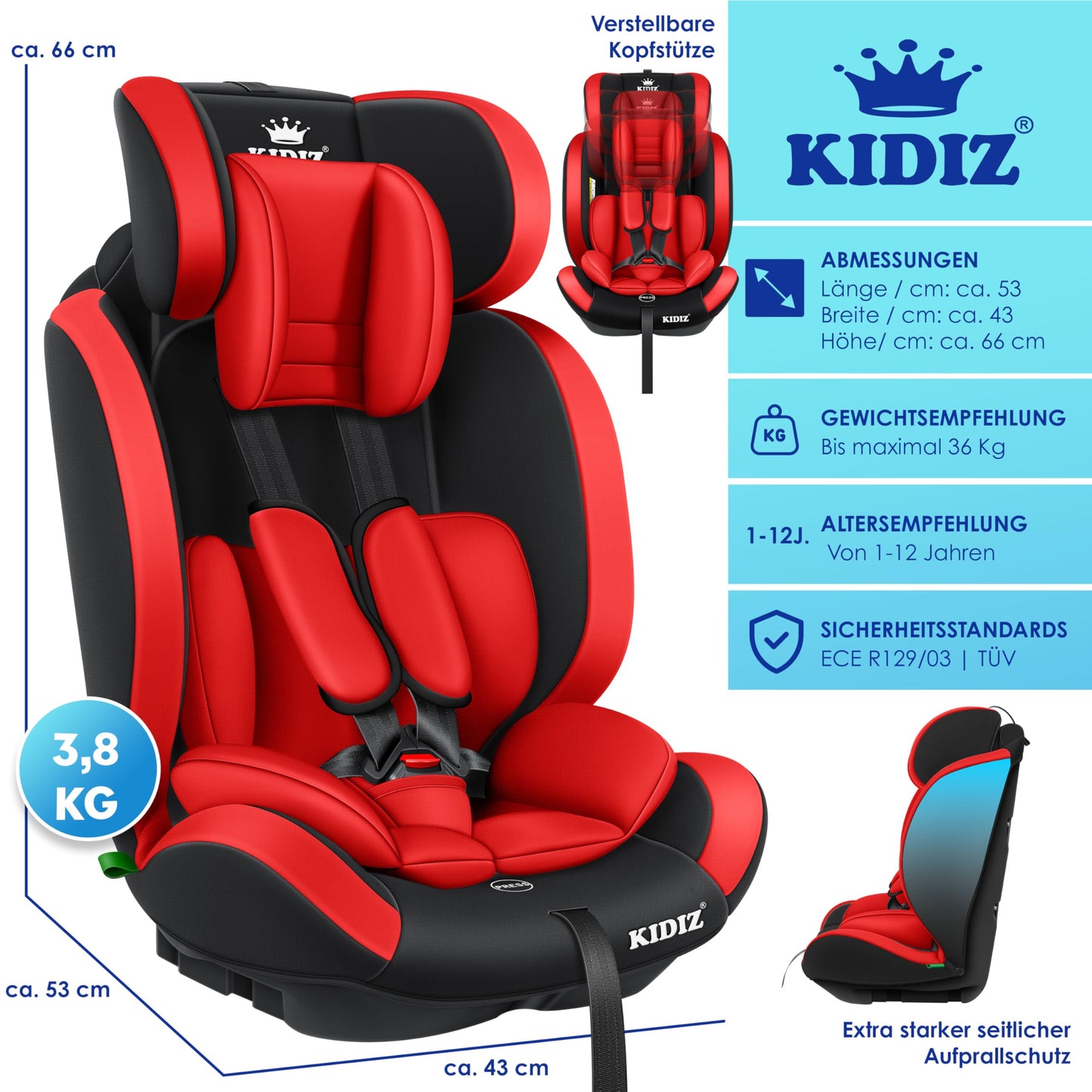 KIDIZ Kindersitz 1β12 Jahre, verstellbar & sicher