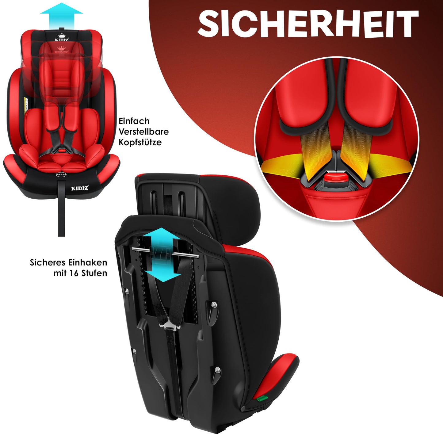 KIDIZ Kindersitz 1–12 Jahre, verstellbar & sicher