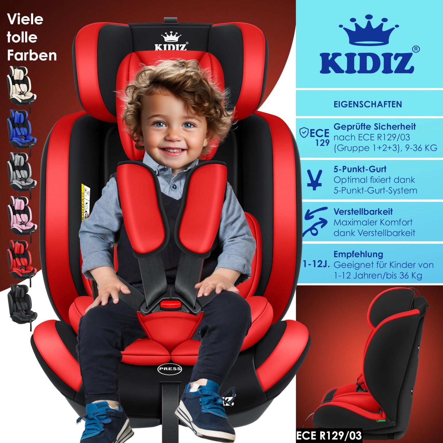 KIDIZ Kindersitz 1–12 Jahre, verstellbar & sicher
