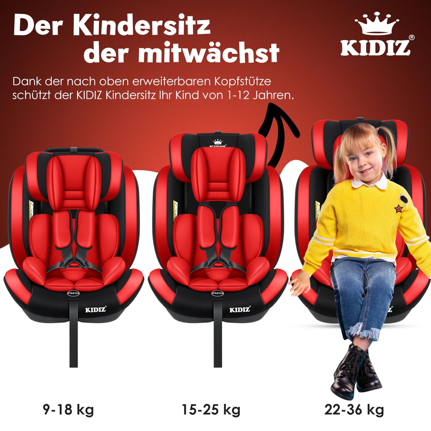 KIDIZ Kindersitz 1–12 Jahre, verstellbar & sicher