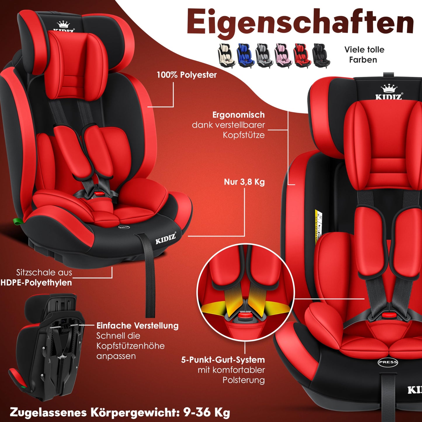 KIDIZ Kindersitz 1–12 Jahre, verstellbar & sicher