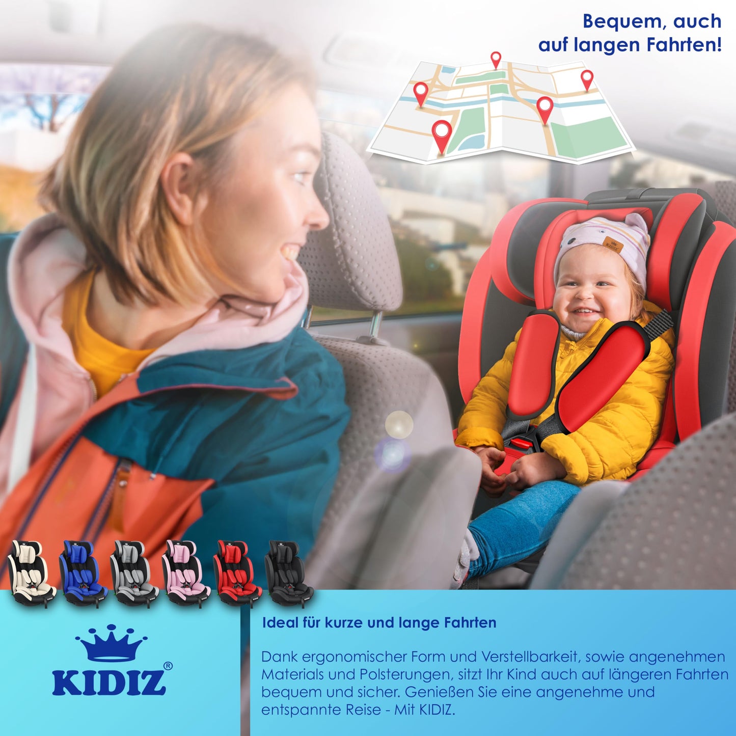 KIDIZ Kindersitz 1–12 Jahre, verstellbar & sicher